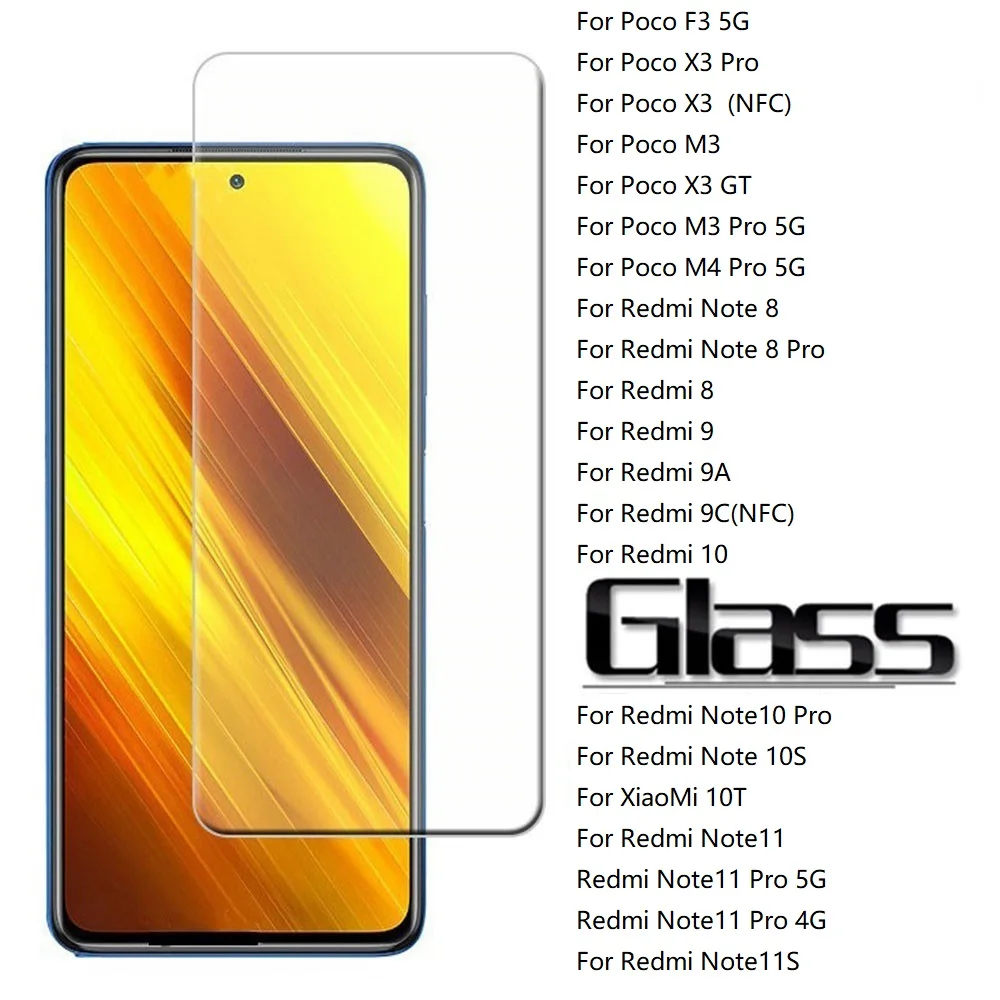 

HD Protective Glass for Xiaomi Redmi Note 10 8 9 Pro 11 11s 9s 10s 5G Screen Protectors for Poco X3 Pro NFC F3 M3 M4 Gt 9A Glass