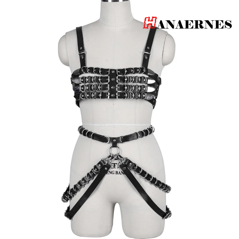 Lady Harajuku Goth Hollow Out Sexy Lingerie Punk Style Suspenders for Women Leather Harness Bra Chest Bondage Garter Belt Set