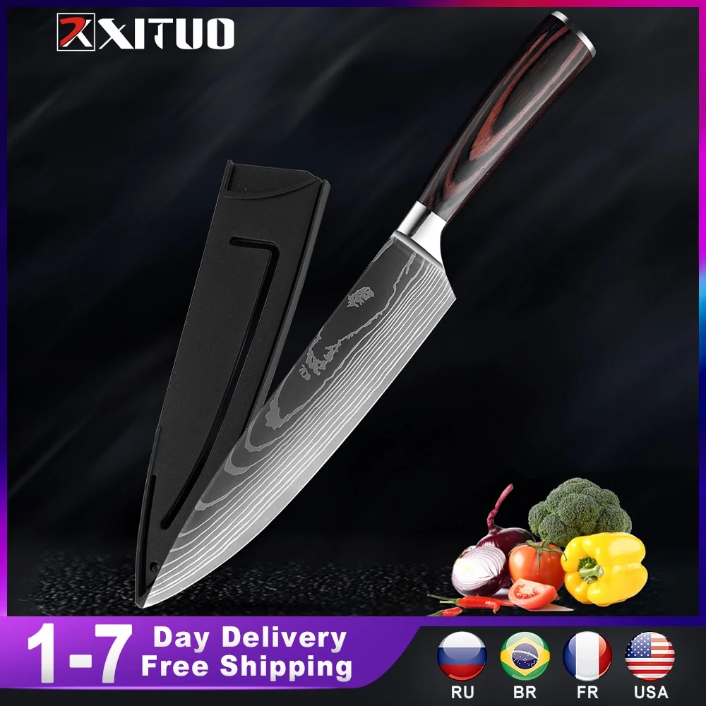 

High quality 440C German Kitchen Knife Damascus Laser Pattern Utility Chef Knife EDC Cleaver Filleting Santoku Best Kitchen Tool