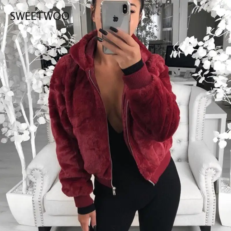 2021 New Women's Faux Fur Coat High-waist Hooded Fashion Cardigan Long-sleeved Loose Thin Faux Rabbit Fur Coat Jacket Women