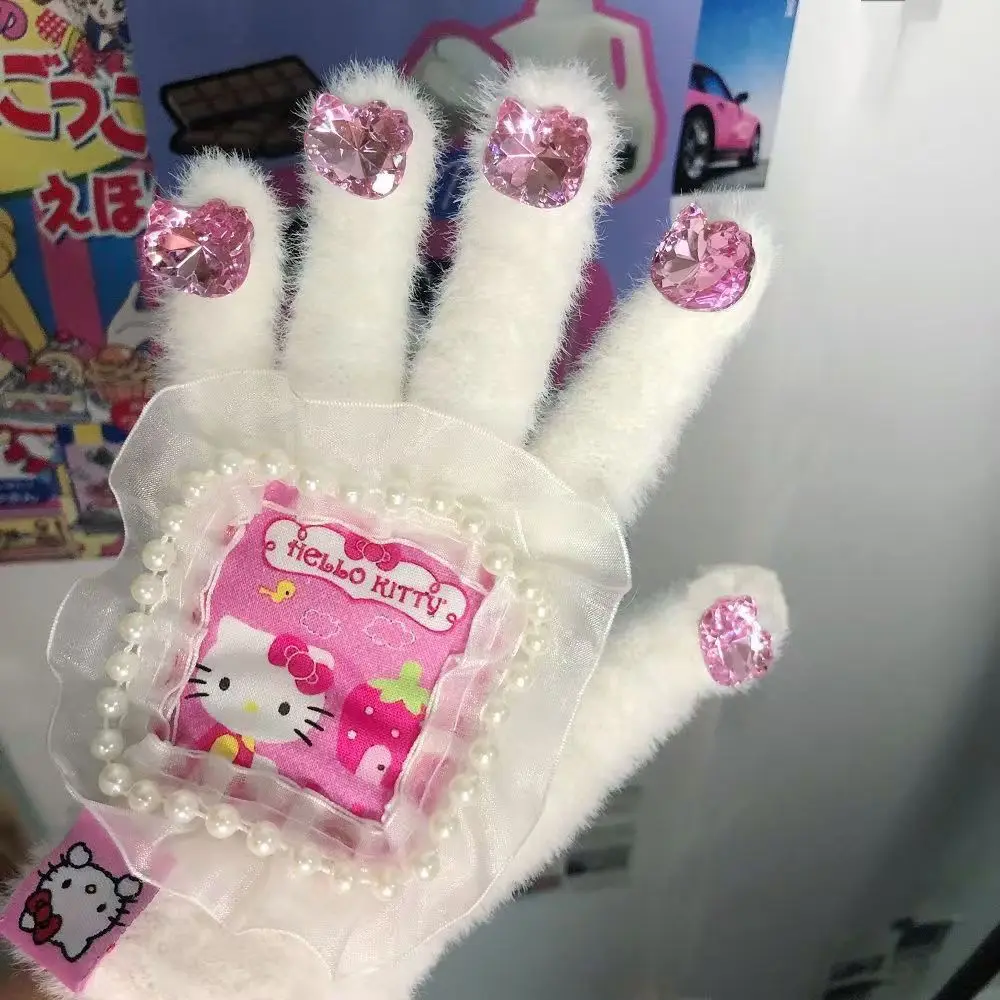 Домашние перчатки Sanrio Hello Kitty с бриллиантами зимние теплые и милые велосипедные