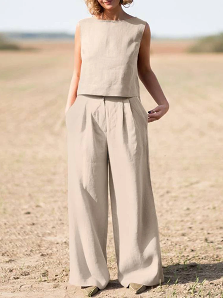 

Vintage Cotton Linen Loose Outfits Summer Sexy O Neck Sleeveless Tank Blouse and Wide Leg Pants Suits Summer Women Casual Sets