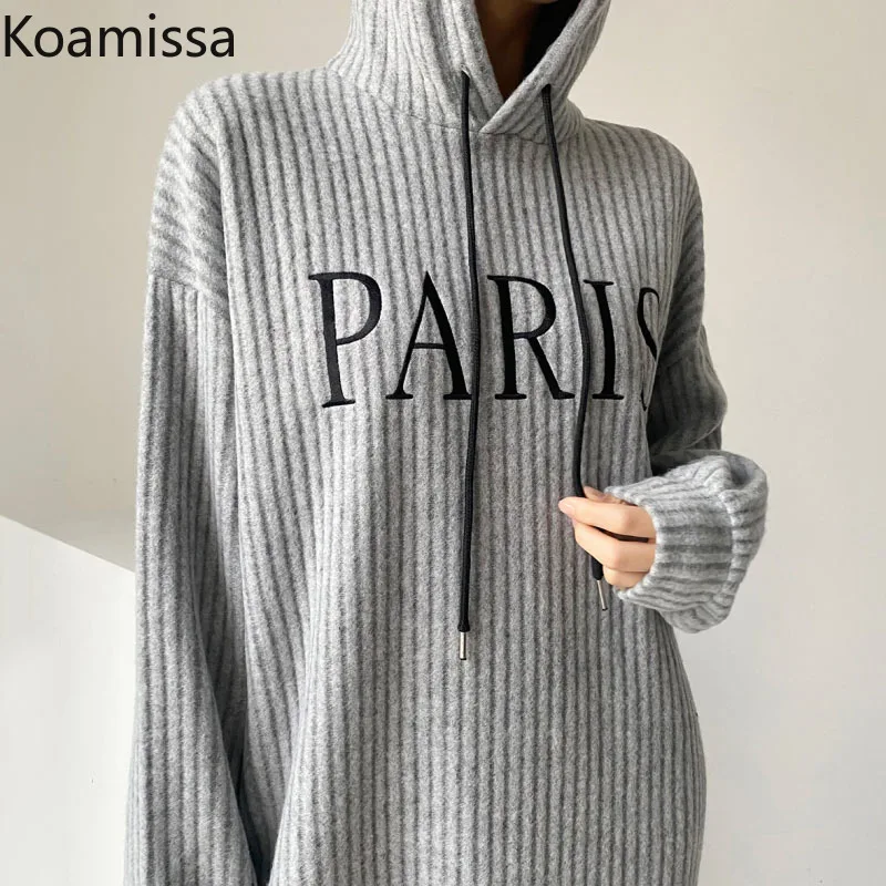 Koamissa Letters Print Women Hoodies Maxi Dress Long Sleeves Hooded Casual Loose Dresses Spring 2022 New Vestidos Solid Korean