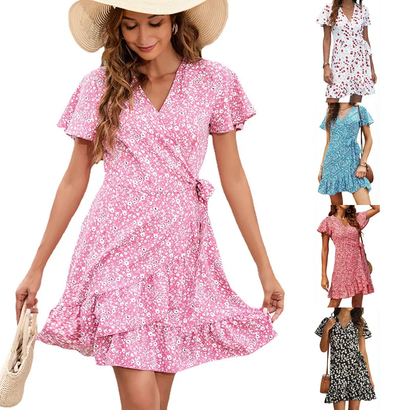 

Women A Line Short Mini Dress Summer Ladies Floral Print Short Sleeve Casual Beach Dress