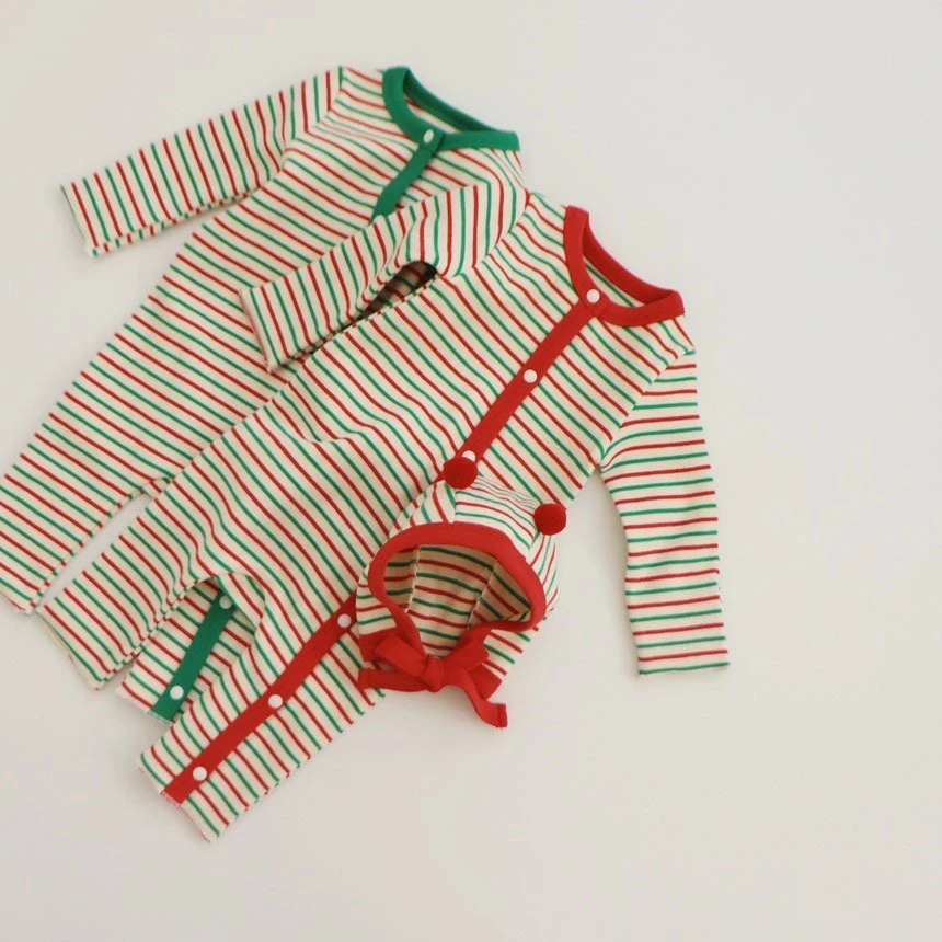 

2022 Christmas Baby Clothes Newborn Baby Boy Girl Striped Romper Hat Infant Cotton Jumpsuit Toddler Girls Autumn Winter Clothes