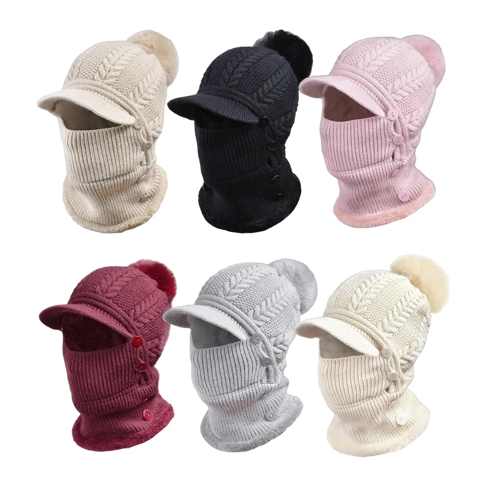 

Winter Ski Cap Neck Scarf Button Hat Protection Knit Balaclava for Camping
