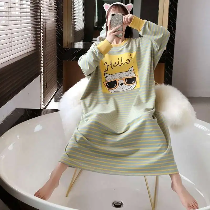 2023 Women Sleepwear Summer Clothing Night Dress Cute Long Sleeve Loose Striped Embroidery Cartoon Sleepshirts Pajamas