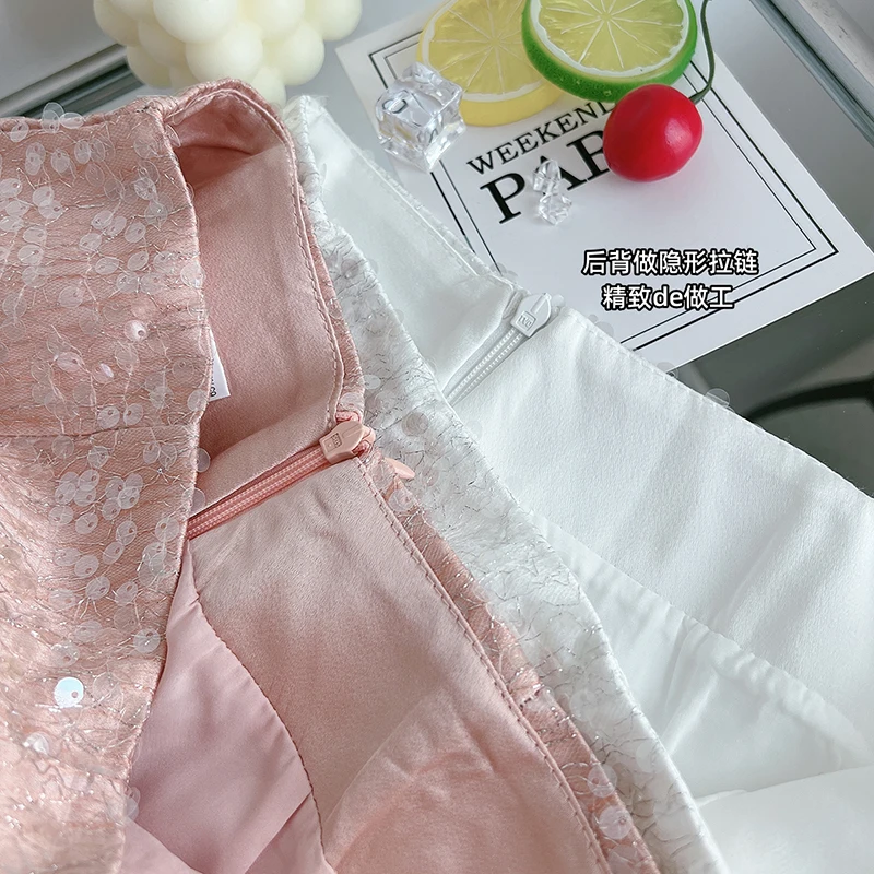 High Waist Casual Sequin Shorts Women's Summer Design Loose Straight Hot Pants Outer Wear Shiny Pearl Wide Leg Short Pants