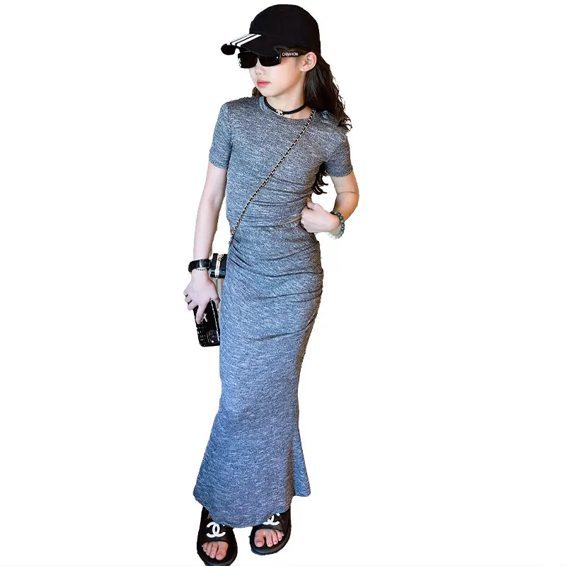 

Summer Girls 2 Pcs Set Teen Crop Top + Hip Skirt Children Clothes Teenage Suit Fashion Streetwear Stretchable Skinny Suits 5-14Y