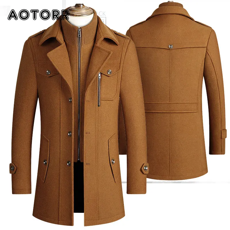 New Winter Men's Casual Wool Trench Blends Coat Business Medium Long Solid Color Thicken Slim Windbreaker Warm Overcoat Jacket