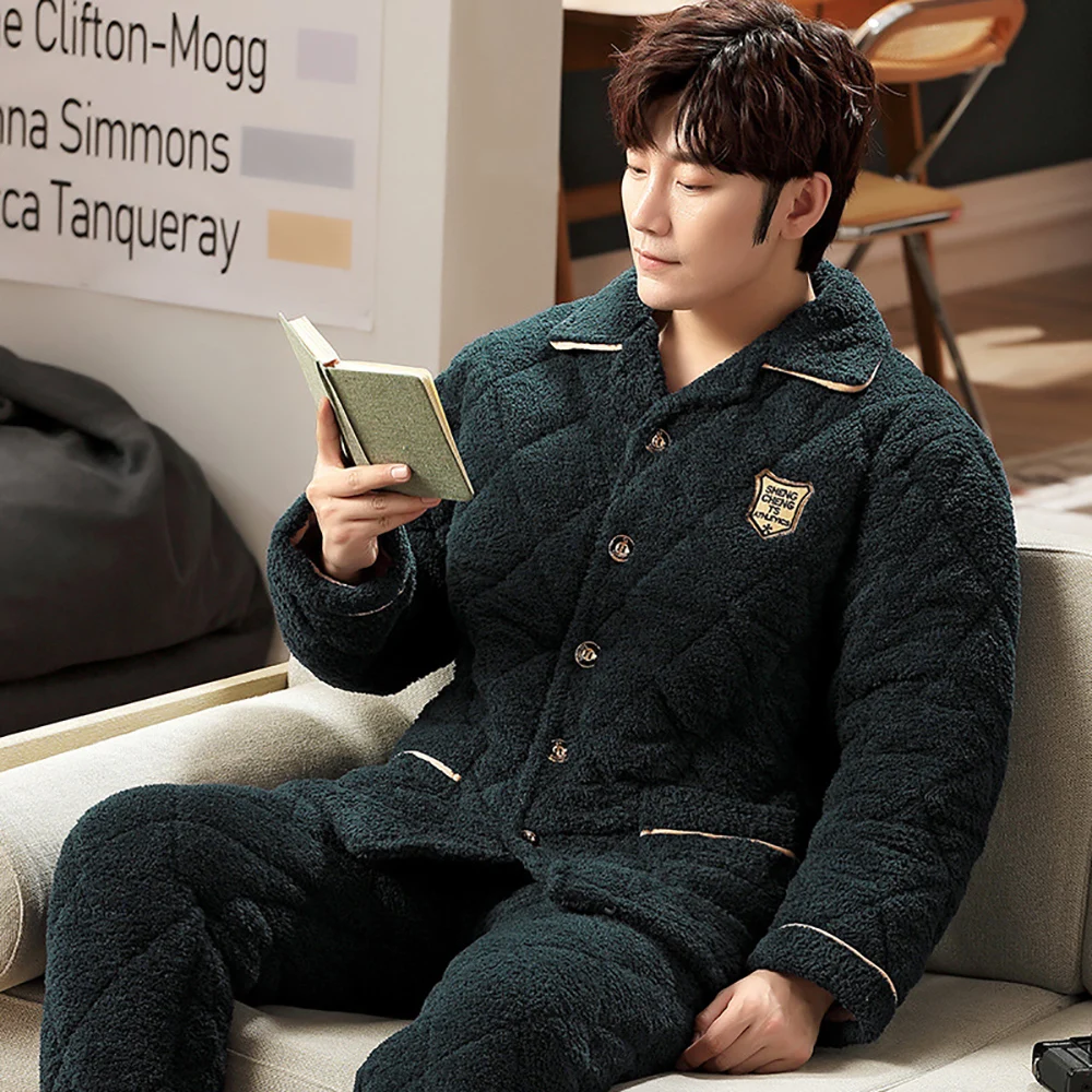 Winter Flannel Sleepwear Pajamas For Men Three-layer Thicken Super Warm Pajamas Casual Solid Plaid Sleeping Clothes pyjama homme