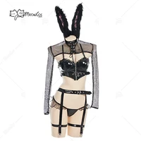 sexy bunny girl lingerie set translucent hollow lace costume outfit with stockings and hair band lingerie sleepwear costumes