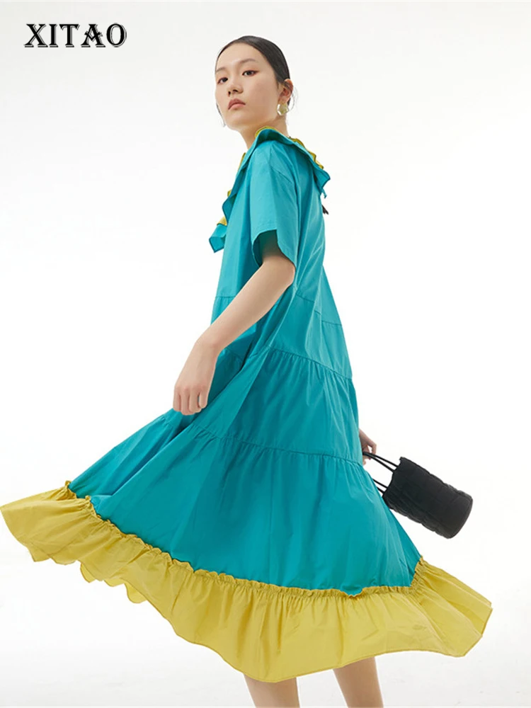 

XITAO Pleated Ruffle Dress Fashion Pullover Goddess Fan Casual Style Hit Color 2022 Summer Minority Loose Dress WMD5591