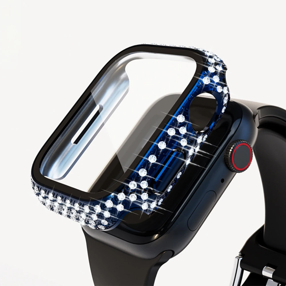 Diamond Watch Case Built-in Tempered Glass for Apple Watch 8 7 41mm 45mm PC Screen Protector Bumper Tempered iwatch Accessories