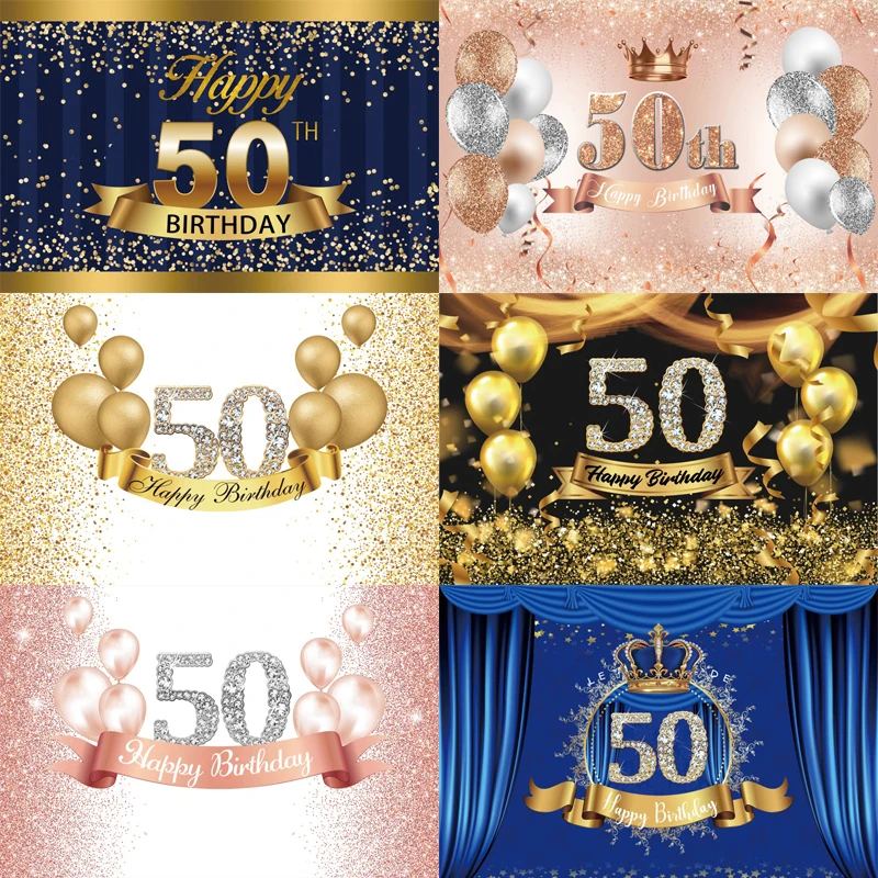 Black Gold 50th Photo Backdrop Women Men Happy Birthday Party Balloon Fifty Years Photograph Background Banner Decoration Prop