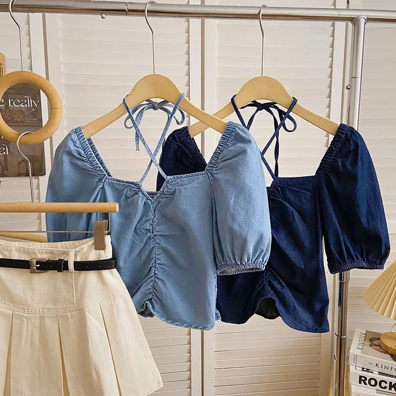 

Блузка женская джинсовая с квадратным вырезом, на шнуровке