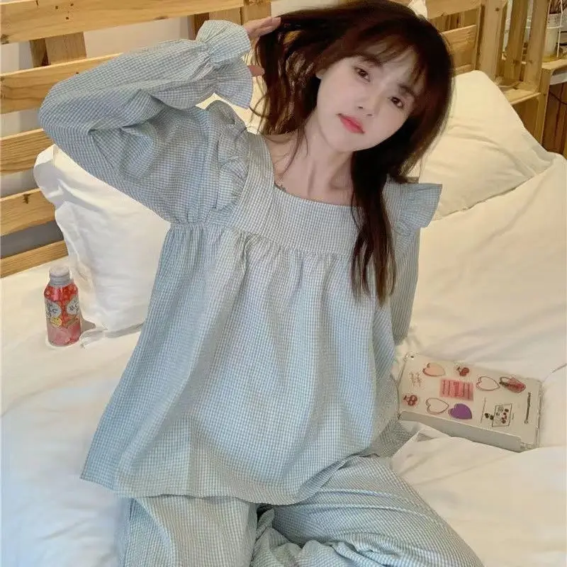 

Женские пижамные комплекты в клетку, одежда для сна с квадратным воротником и брюки, костюм из 2 предметов, пияма с оборками, в Корейском стиле, осенняя Ночная одежда с длинным рукавом