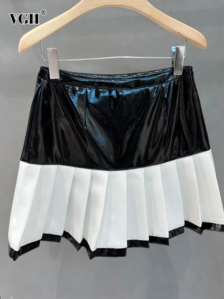 

VGH Hit Color Mini Casual Leather Skirt For Women High Waist Minimalist A Line Pleated Skirts Female Fashion Clothes Style New