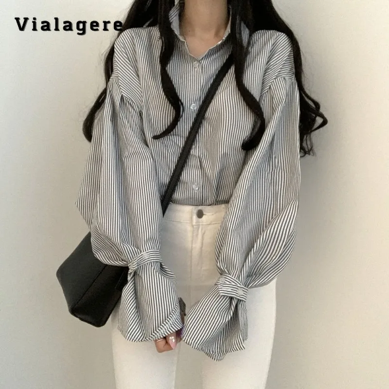 

Женская однобортная рубашка в полоску, Повседневная Свободная мешковатая блузка в Корейском стиле с длинными рукавами и отложным воротником, Осень-зима 2023