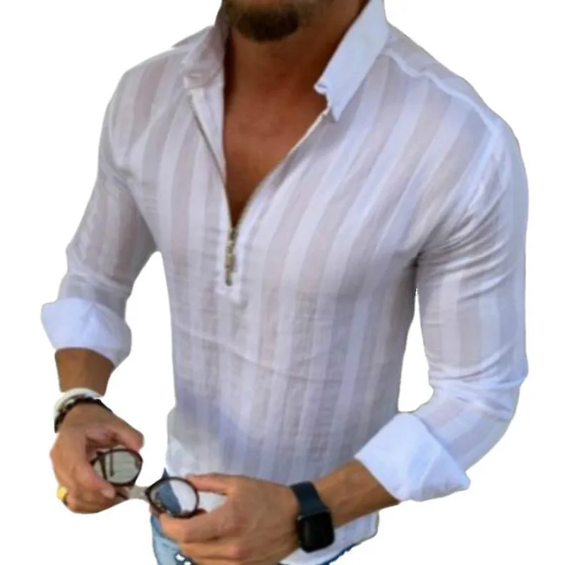 New Men's Long Sleeve Lapel Striped Zip Shirt