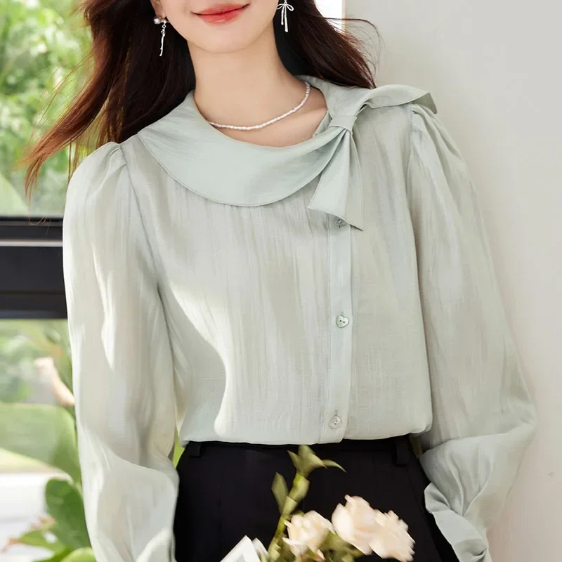 Новые модные осенние блузки с длинным рукавом и круглым вырезом женская рубашка