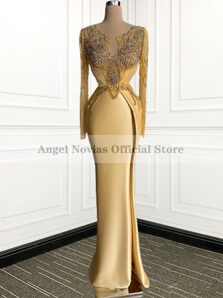 

ANGEL NOVIAS Long Sleeves Mermaid Gold Evening Dresses 2022 Crystals Beads Robe De Soiree De Mariage Wedding Engagement Dress
