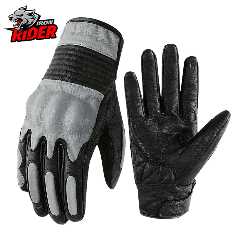 

Classic Retro Cow Leather Motorcycle Gloves Black Full Finger Gloves Motorbike Locomotive Gloves Touch Screen Guantes Moto Glove