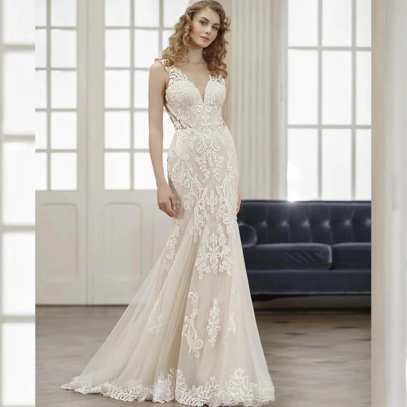 

Элегантное свадебное платье, кружевное платье с вышивкой на сетке с русана, платье шаре с V-образным вырезом, без рукавов, платье невесты с от...