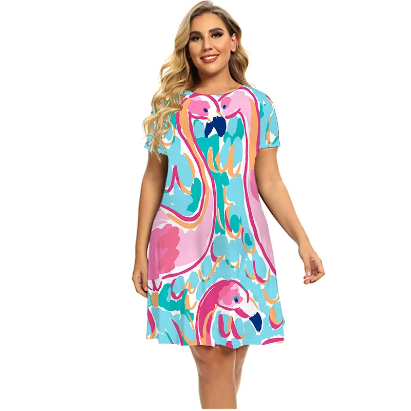 

Летние платья, новинка 2022, платье с принтом фламинго, женское повседневное свободное дышащее платье с коротким рукавом и 3D принтом