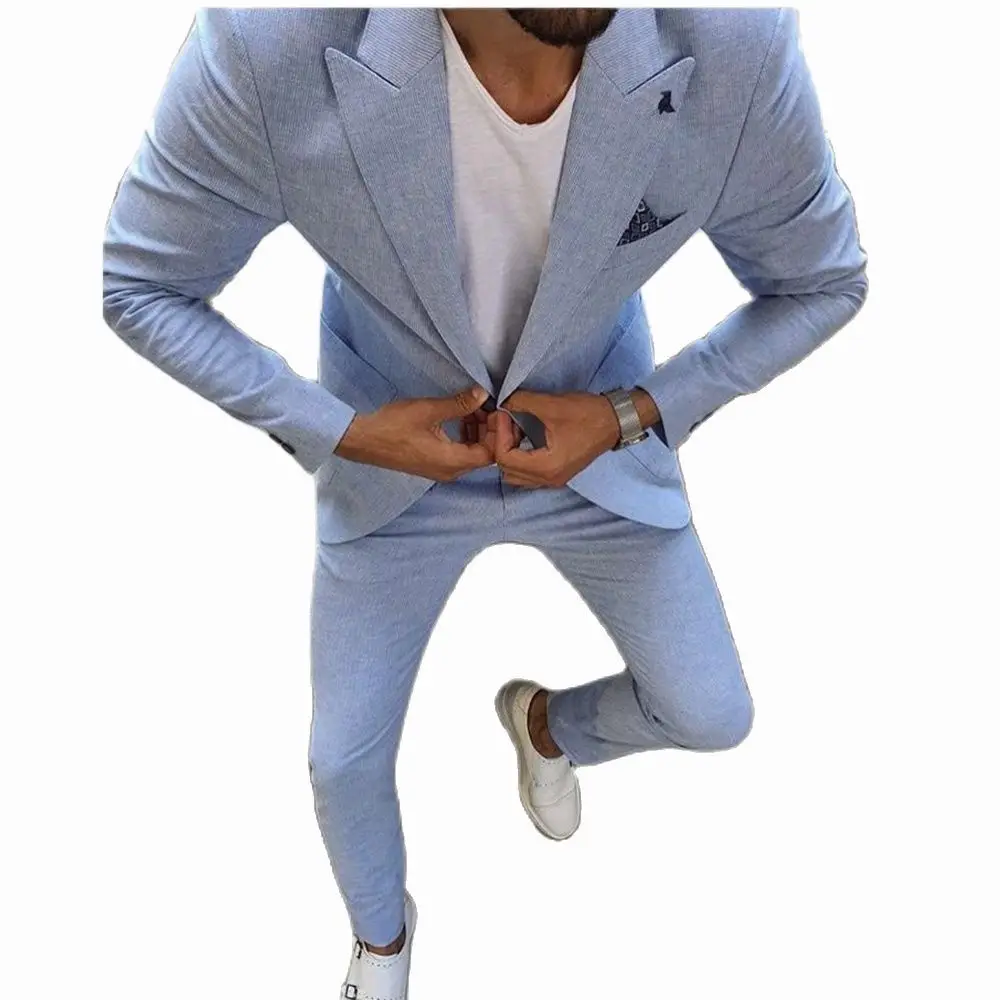 Suits For Men Fashion Light Blue Slim Fit 2 Piece Jacket Pants Set Groom Wedding Peaked Lapel Tuxedo Male Formal Business Blazer
