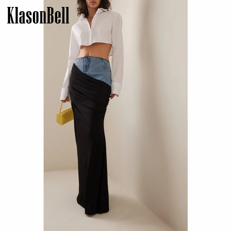 

11.10 KlasonBell Irregular Fake Two Piece Denim Patchwork Ruched Slim Trumpet / Mermaid Skirt Women