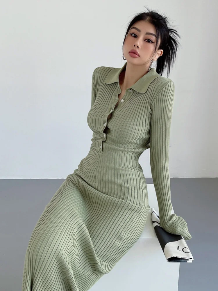 

Женское трикотажное платье-поло, длинное облегающее платье-свитер с воротником-поло, Осень-зима, 012C