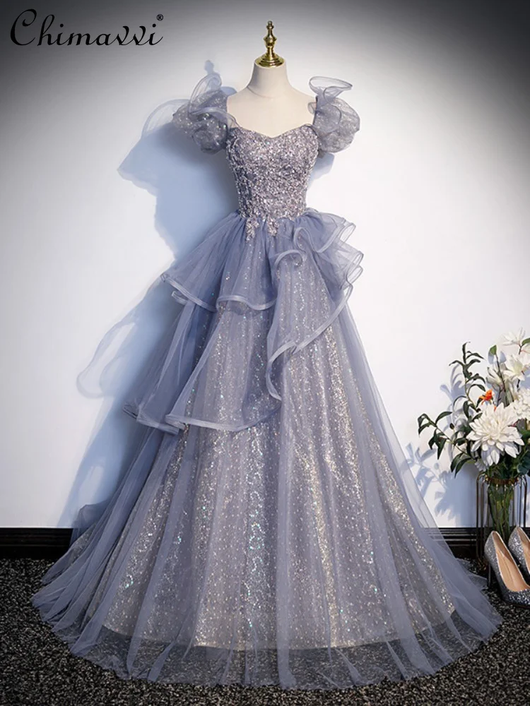 2023 Spring and Summer Gray Evening Dress Performance Dress Host Long French Style Cake Dress Princess Dress Women's Dress
