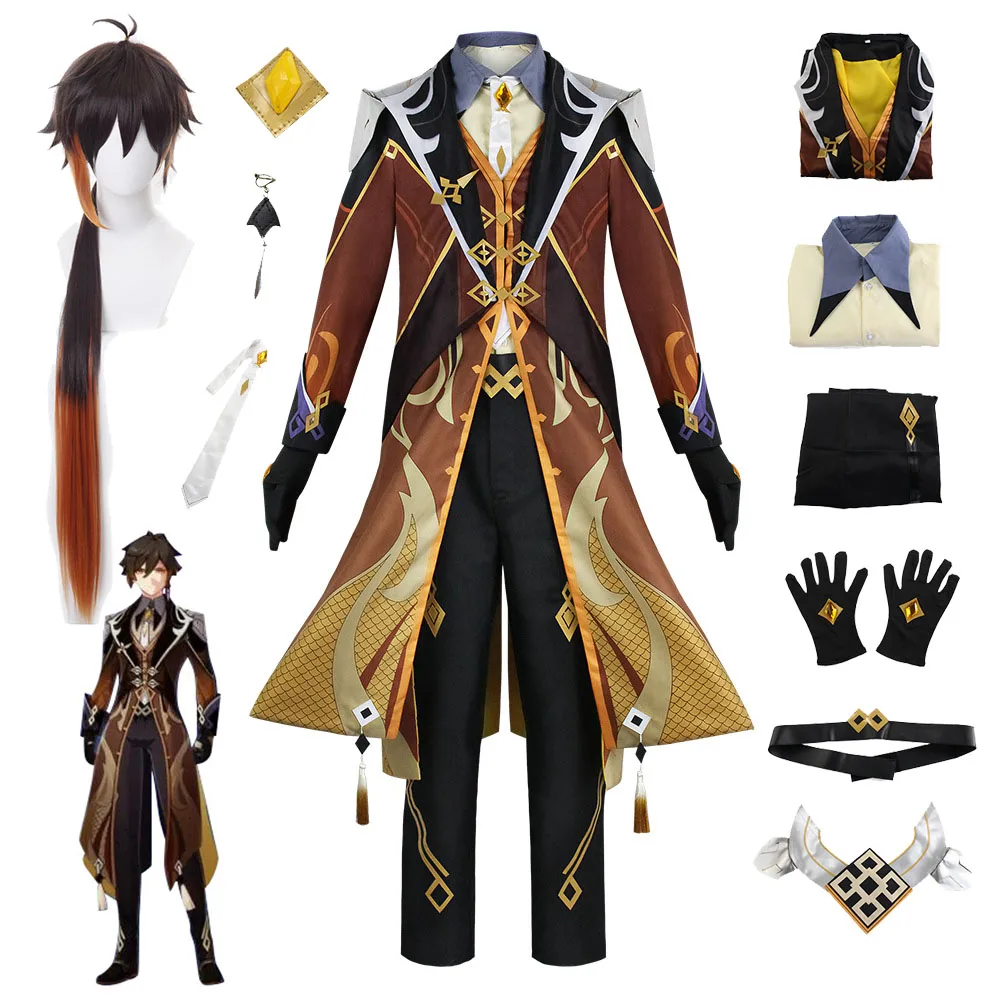 

Костюм для косплея Game Genshin Impact Morax Zhongli, костюмы для косплевечерние Чжун ли из парика с длинными волосами