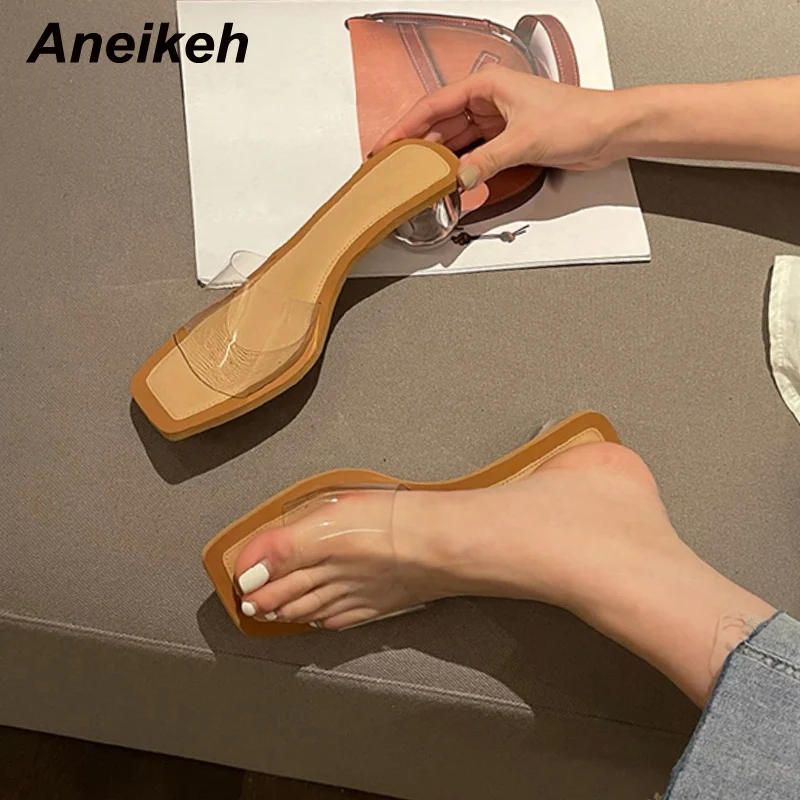 

Aneikeh Street Style Fashion Open Toe PVC Transparent Low Heel Women Summer Outdoor Slippers Leisure Rome Mules 2022 New Sandals