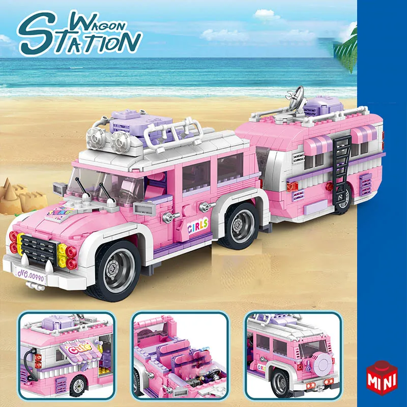 

Техническая модель 1149 шт. розового цвета для кемпера, автобуса, путешествий, автомобиля, строительные микроблоки, городская модель с фигурками, кирпичи, игрушки, подарки