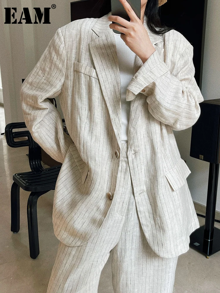 

[EAM] Women Apricot Striped Big Size Linen Blazer New Lapel Long Sleeve Loose Fit Jacket Fashion Tide Spring Summer 2023 1DF8925
