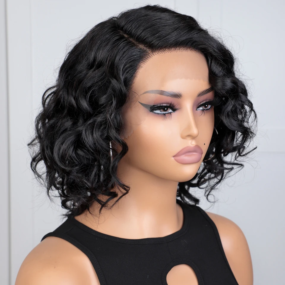 Фото Lekker Clearance Black Short Pixie Cut Wavy Bob 13x1 C Part Парики из натуральных волос на кружеве для женщин Бразильские волосы Remy Бесклеевые №3