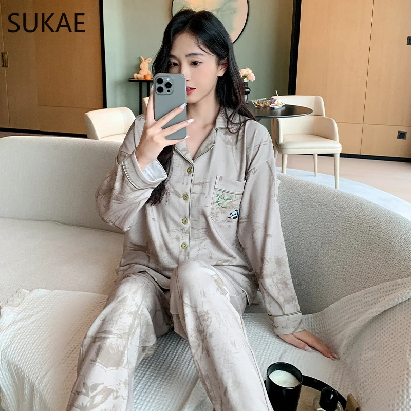 SUKAE M-5XL Autumn Winter Woman Pajamas Set Lady Home Clothes Faux Cotton Nightwear Lapel Pjs Fashion Turn-down Collar Sleepwear