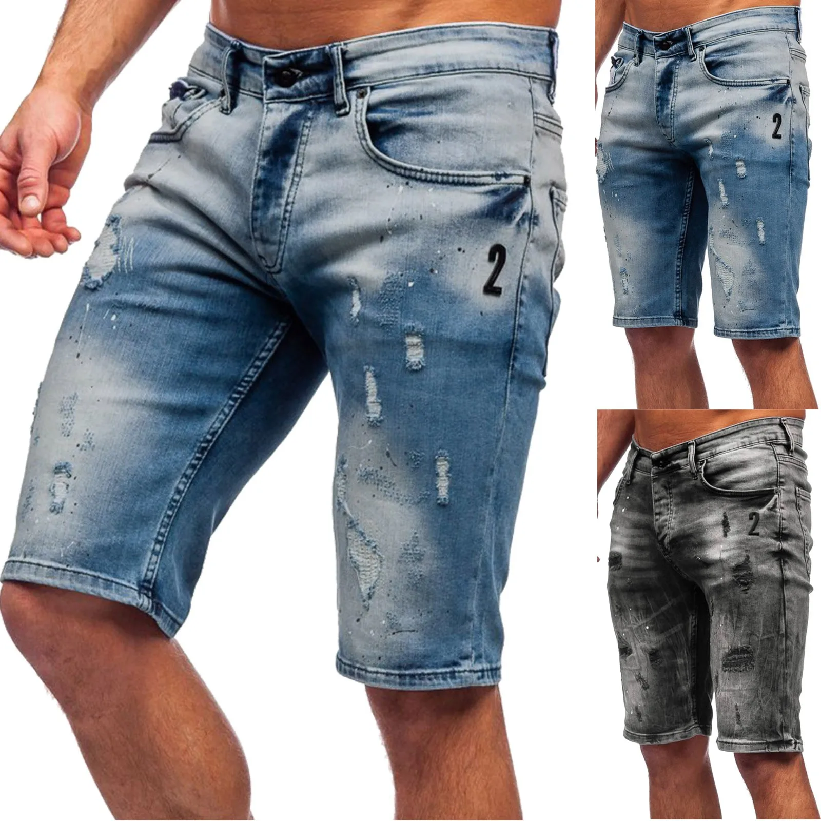 Men's Summer Middle Waist Pant Shorts Micro Elastic Hole Worn Hole Shorts Zipper Open Five Point Denim Shorts