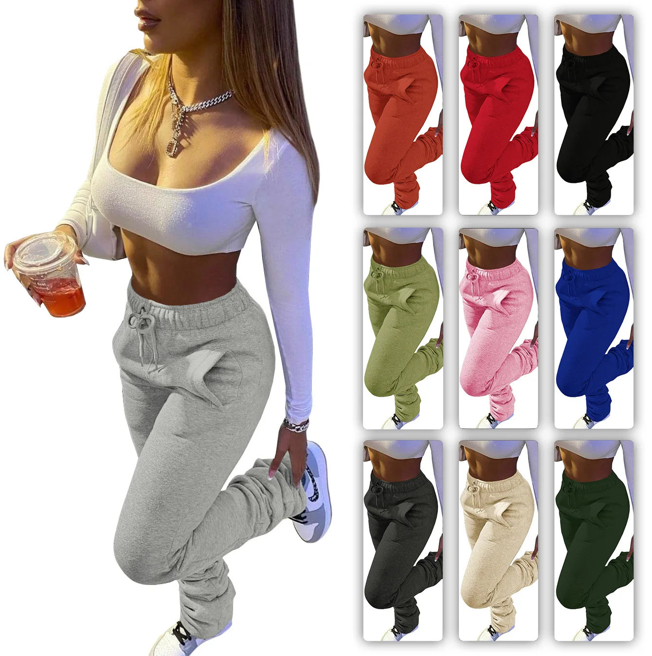 Europe and America women's padded sweater fabric sports and leisure drawstring pile pants pants with pockets.