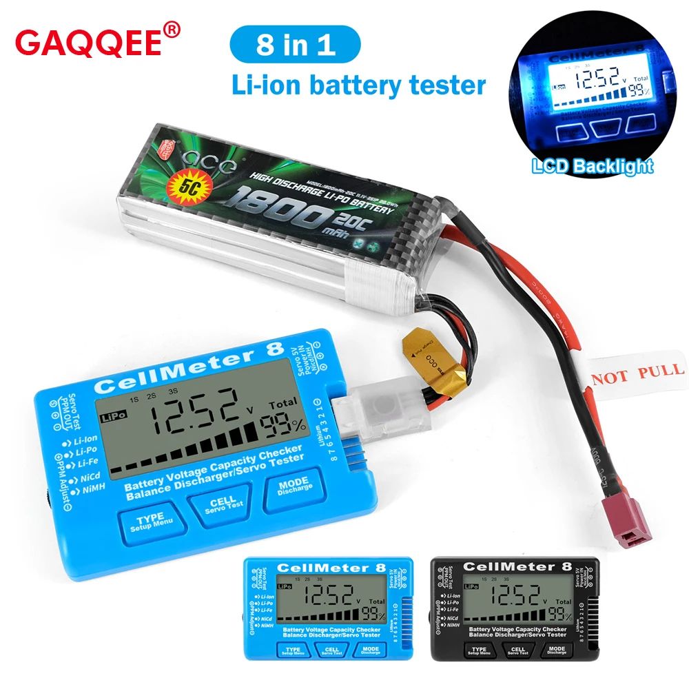 

CellMeter8 Battery Capacity Tester LCD Digital Voltage Checker Lithium Cells 2-8S for LiPo Li-ion LiF Battery Power Supply Meter