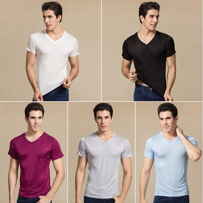 Mens V-Neck Undershirts Men Silk Knitted Seamless Short Sleeves Basics Shirts Summer Sexy Fitness Body Building Underwear