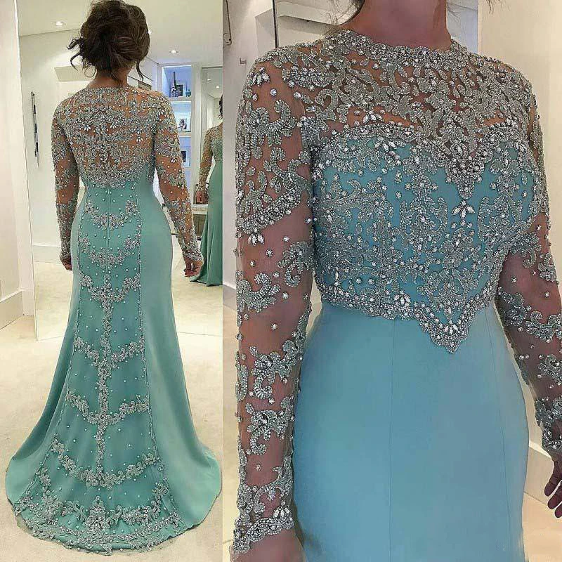 

Beadings Mother Of The Bride Dresses Appliques Jewel Neck Illusion Long Sleeves A-line Formal Dinner Gowns