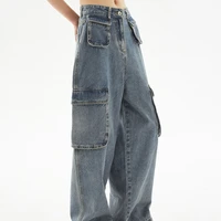 ladies high waist today vintage washed blue distressed big pocket unisex cargo jeans hot sale pants