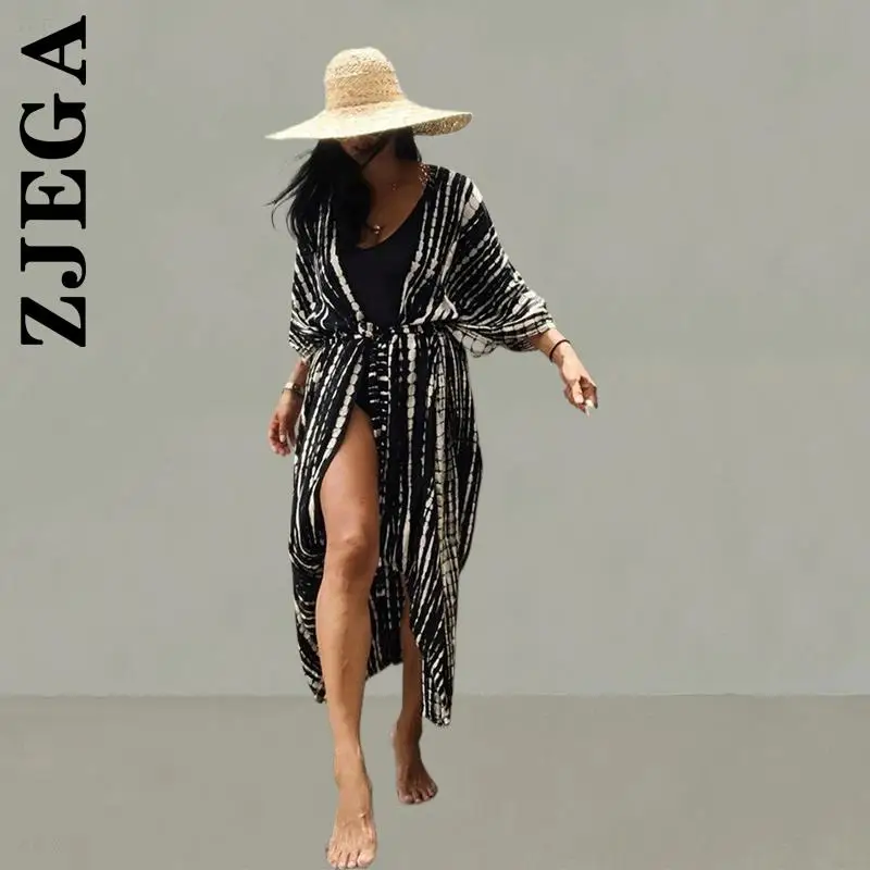 

Zjega Women New Dress Leisure Robe Korean Halo Dyeing Beach Cover Up With Sashes Long Cardigan Vestidos Female Woman Clothes