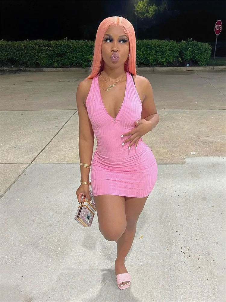 

WESAYNB Wholesale Clothes Sexy Pink Party Summer Clothes y2k Dresses For Women 2022 Sleeveless Zipper Dress Backless Mini Dress