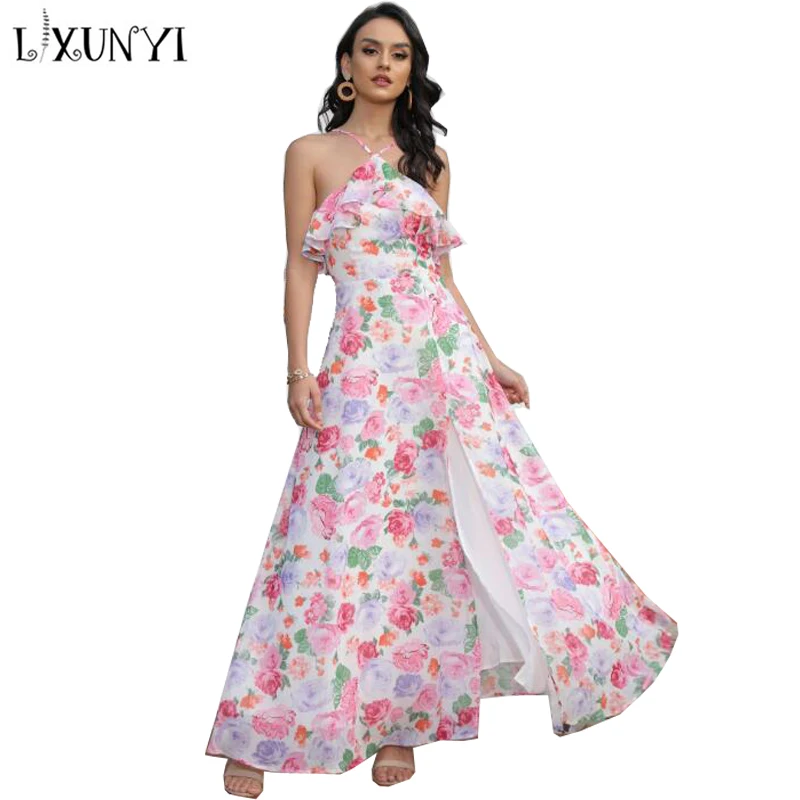 

LXUNYI Flower Print Long Dresses For Women 2022 Summer Ruffle Sleeveless Halter Dress Beach Style Bohemian Elegant Dress Chiffon