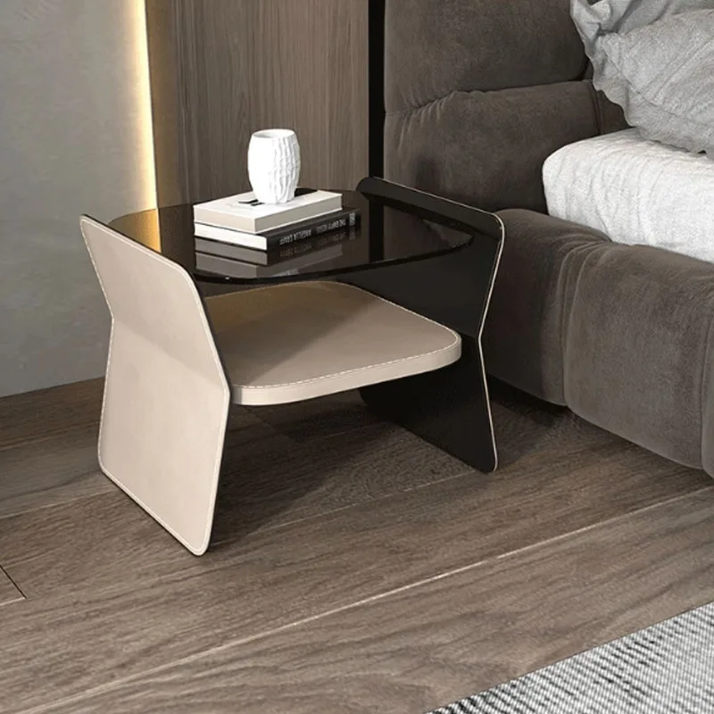 

Modern Distinctive Art Design Bedside Table Saddle Leather Fringe with Tempered Glass Top Night Stand Bedside Table