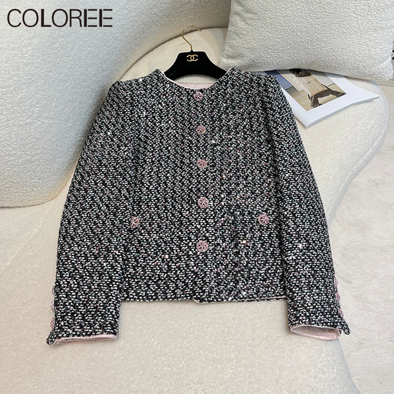 

Новое поступление осенне-зимняя одежда 2023 Женская корейская мода Элегантная короткая твидовая куртка с круглым вырезом черные шерстяные и смешанные пальто